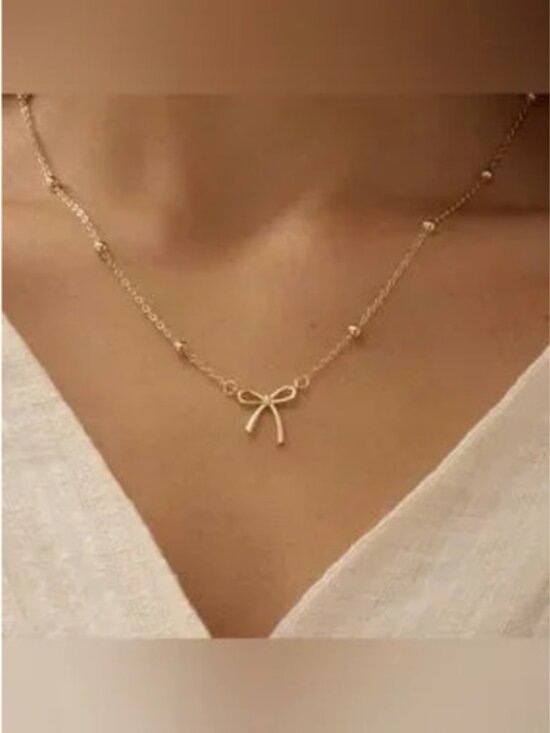 Jewelry - Gold Stainless Steel Bow Beaded Pendant Necklace